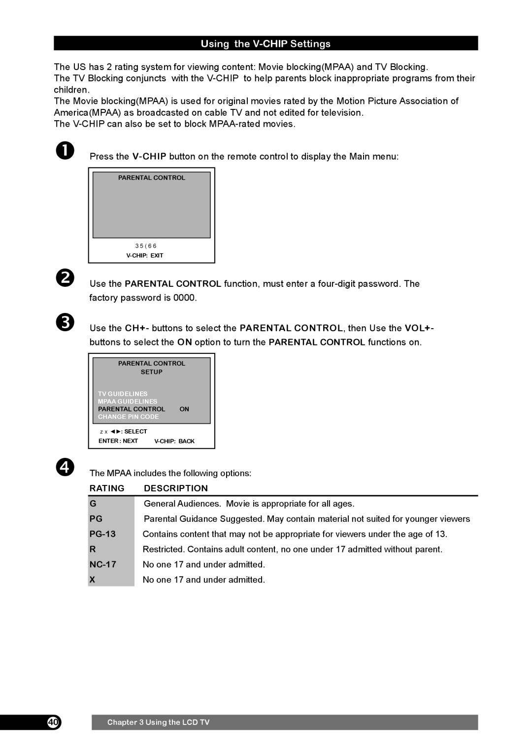 Emprex HD-3701 manual Using the V-CHIP Settings, Rating Description 