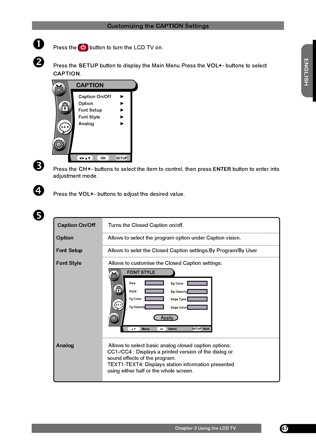 Emprex HD-3701 manual Caption On/Off, Option, Font Setup, Font Style, Analog 