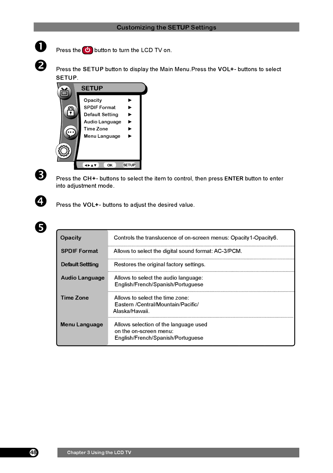 Emprex HD-3701 manual Opacity, Spdif Format, Default Settting, Audio Language, Time Zone, Menu Language 