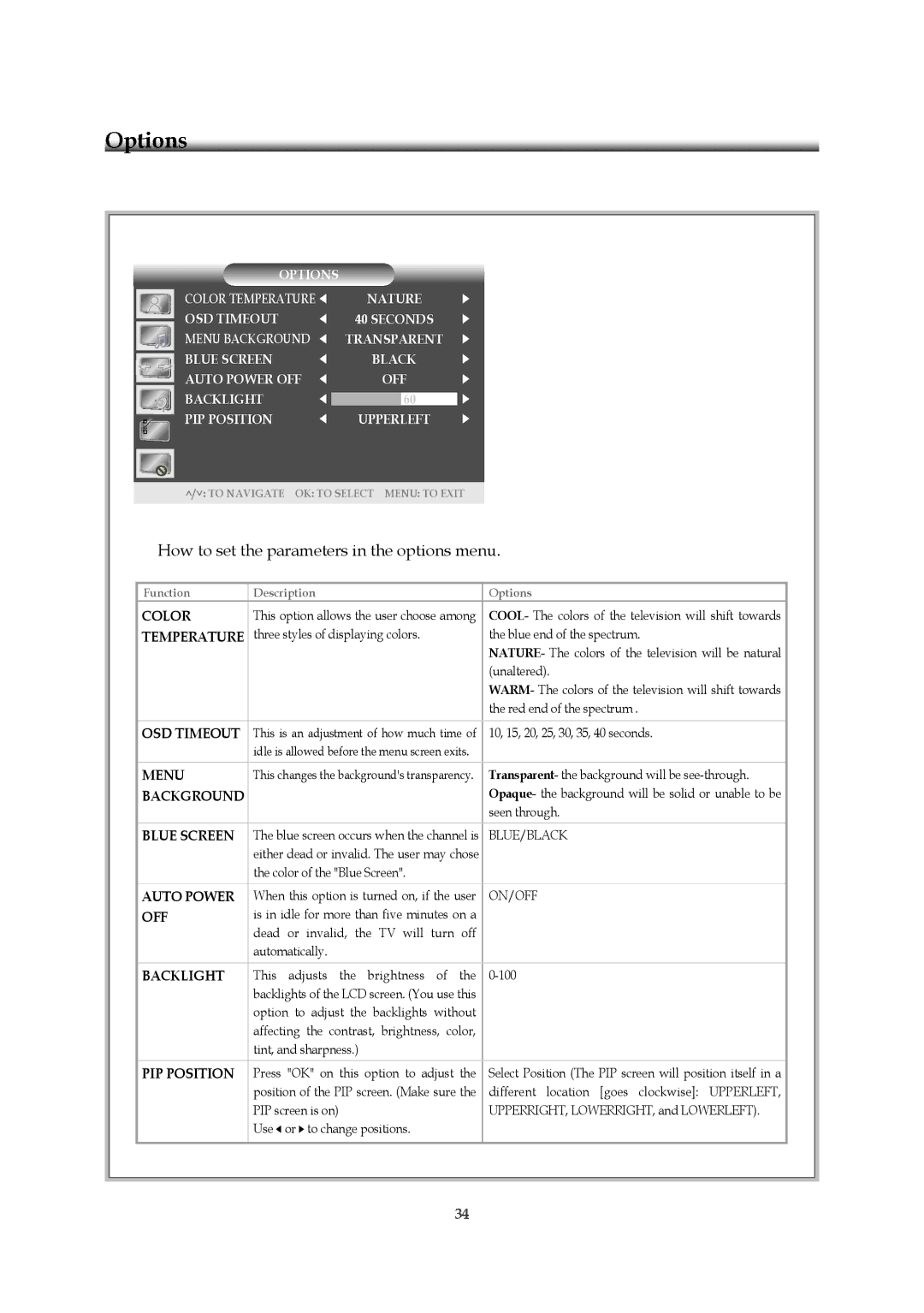 Emprex HD-3701P manual How to set the parameters in the options menu, Blue Screen 