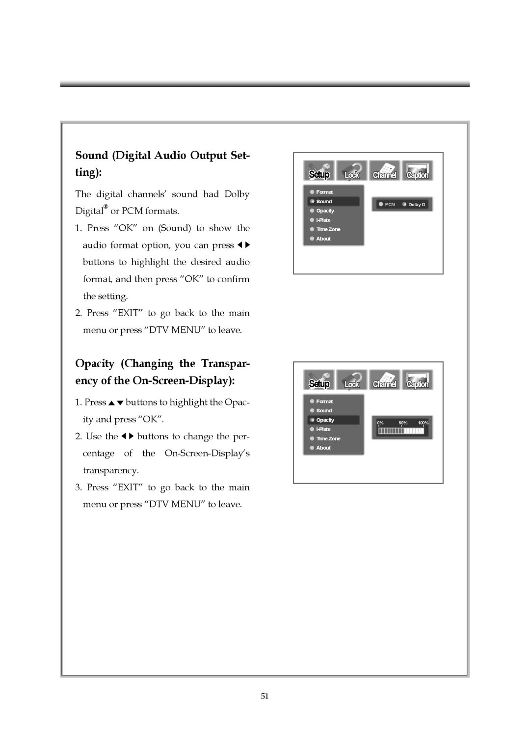 Emprex HD-3701P manual Sound Digital Audio Output Set Ting, Opacity Changing the Transpar Ency of the On-Screen-Display 