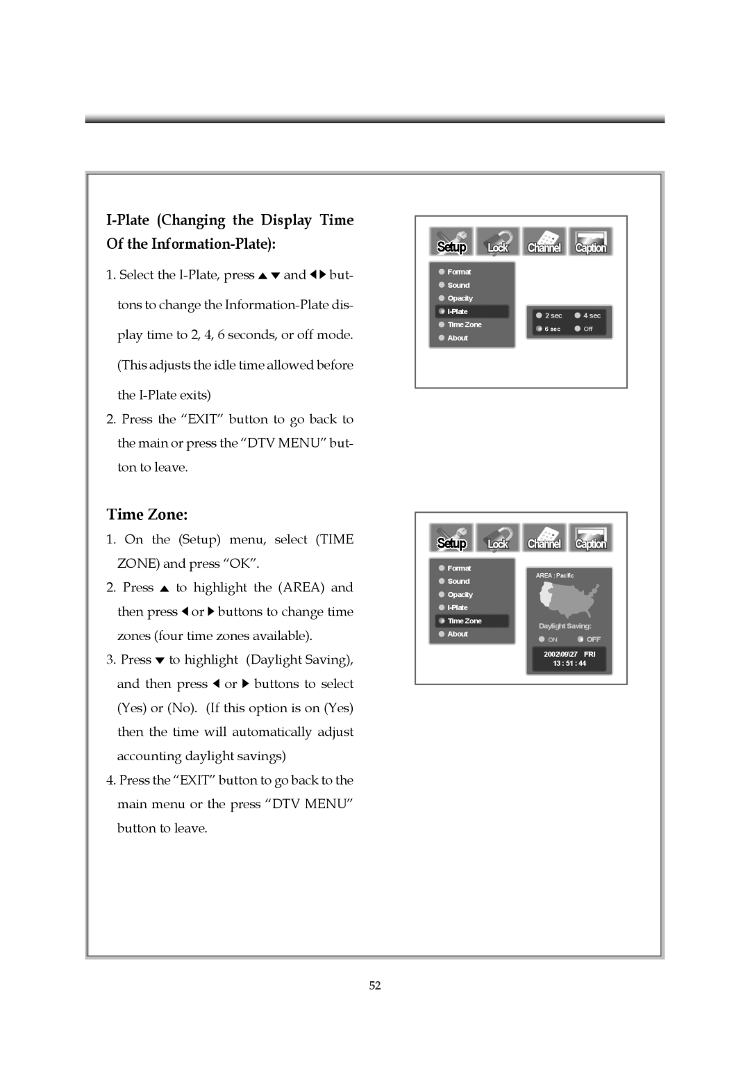 Emprex HD-3701P manual Plate Changing the Display Time Information-Plate, Time Zone 