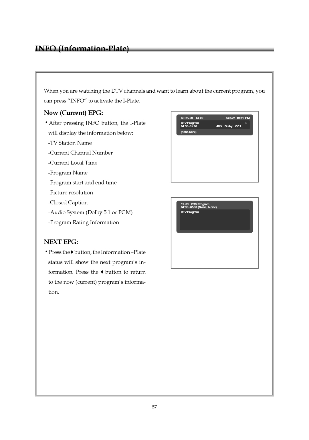 Emprex HD-3701P manual Now Current EPG, Audio System Dolby 5.1 or PCM -Program Rating Information 