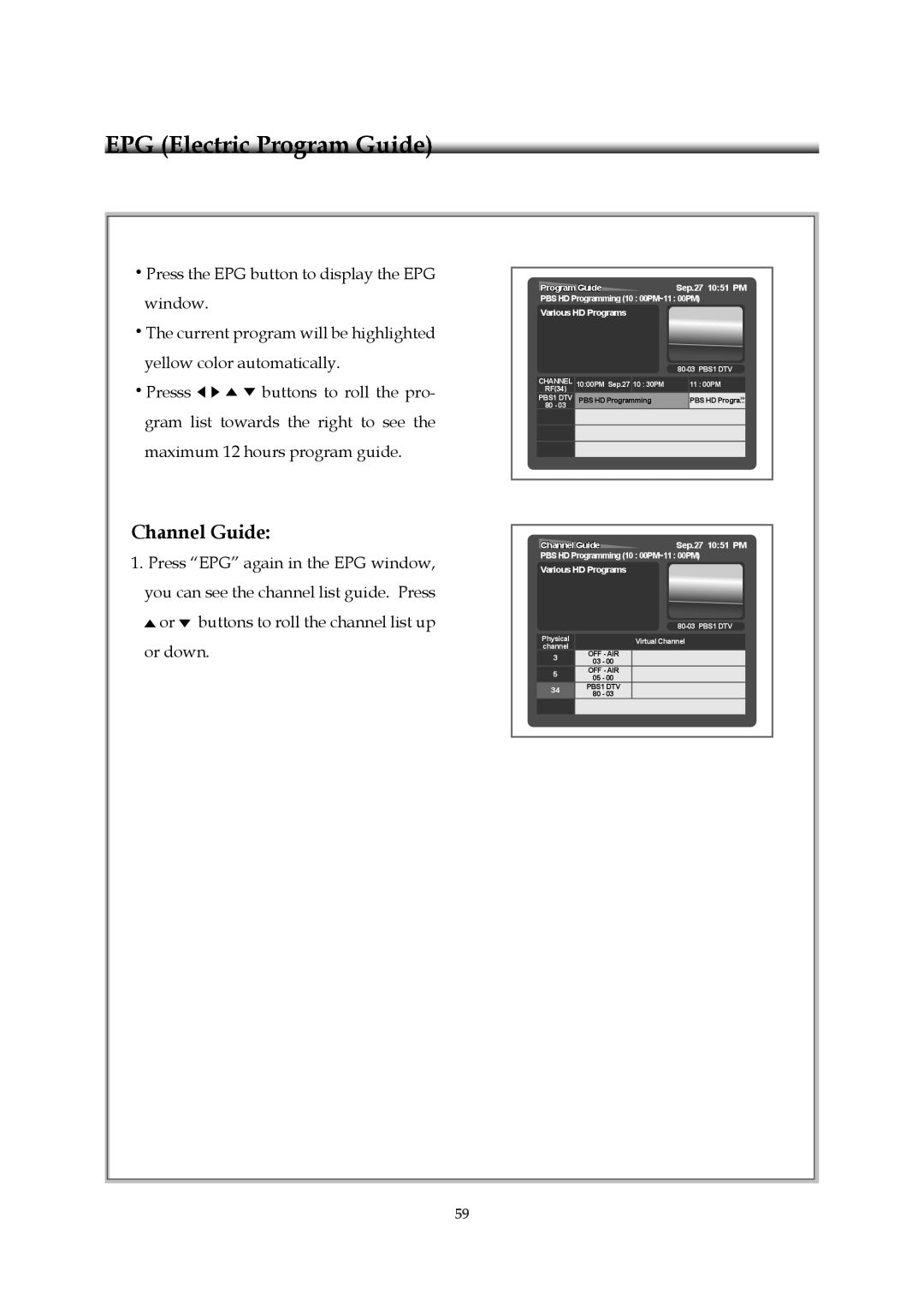 Emprex HD-3701P manual Channel Guide, Press the EPG button to display the EPG window 