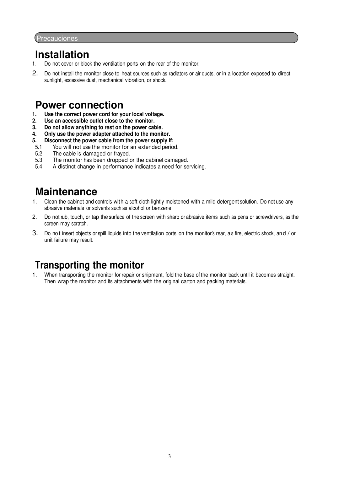 Emprex LM-1702 manual Installation, Power connection, Maintenance, Transporting the monitor 