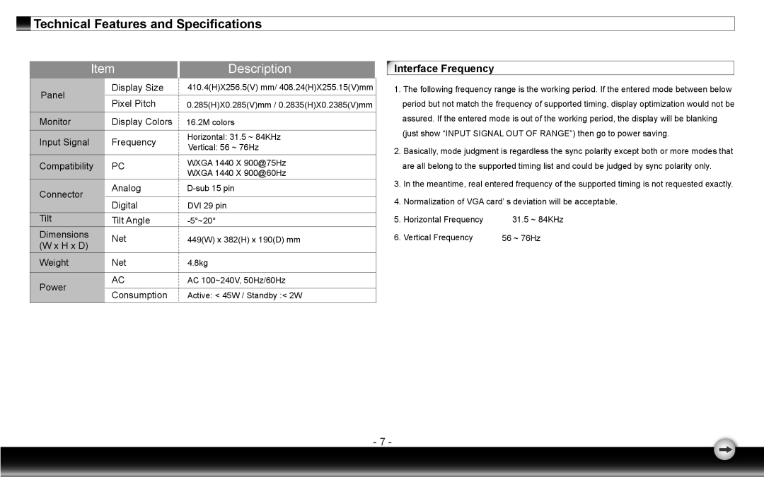 Emprex LM-1905 user manual Technical Features and Specifications, Interface Frequency 