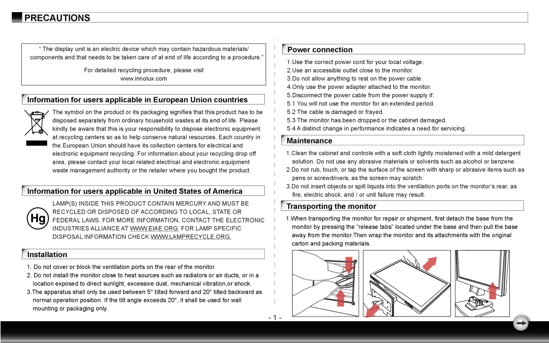 Emprex LM-1905 user manual Power connection, Maintenance, Transporting the monitor 