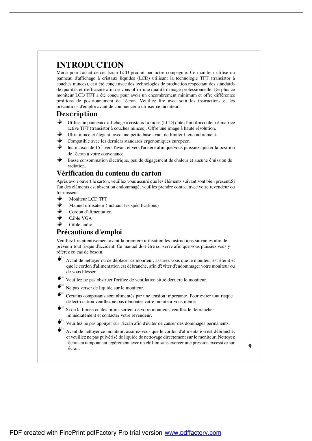 Emprex LM1541 user manual Description, Vérification du contenu du carton, Précautions demploi 