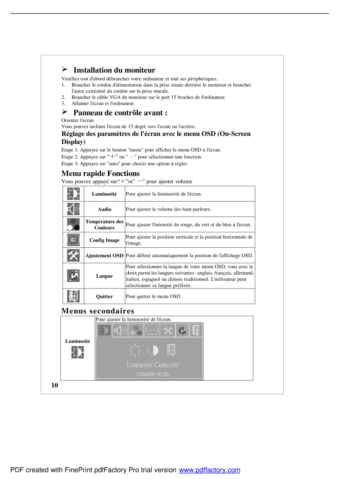 Emprex LM1541 user manual Installation du moniteur, Panneau de contrôle avant, Menu rapide Fonctions, Menus secondaires 