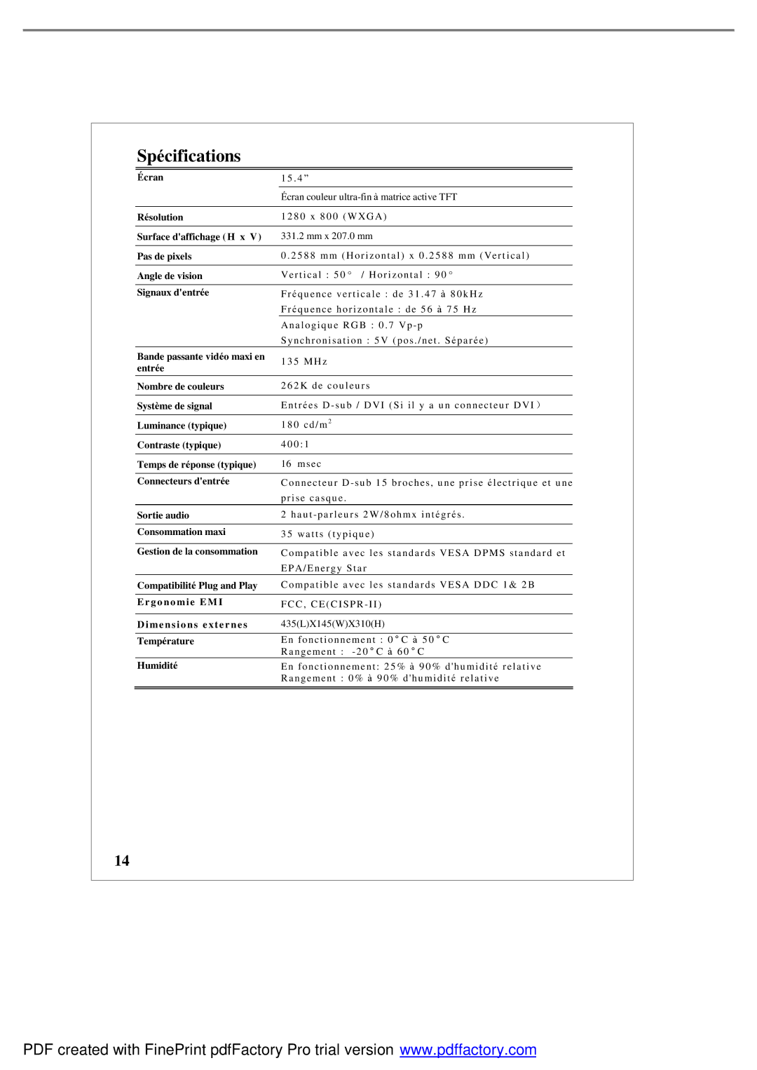 Emprex LM1541 user manual Spécifications 