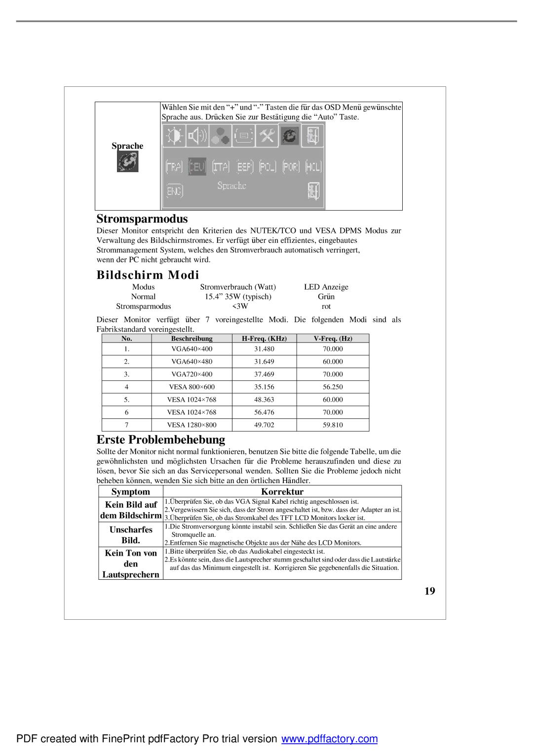 Emprex LM1541 user manual Stromsparmodus, Bildschirm Modi, Erste Problembehebung 