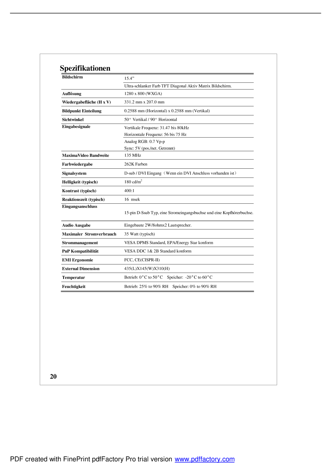 Emprex LM1541 user manual Spezifikationen 