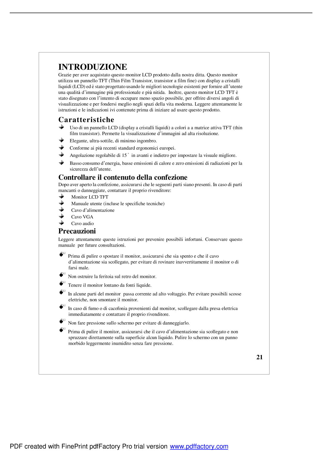 Emprex LM1541 user manual Introduzione, Caratteristiche, Controllare il contenuto della confezione, Precauzioni 