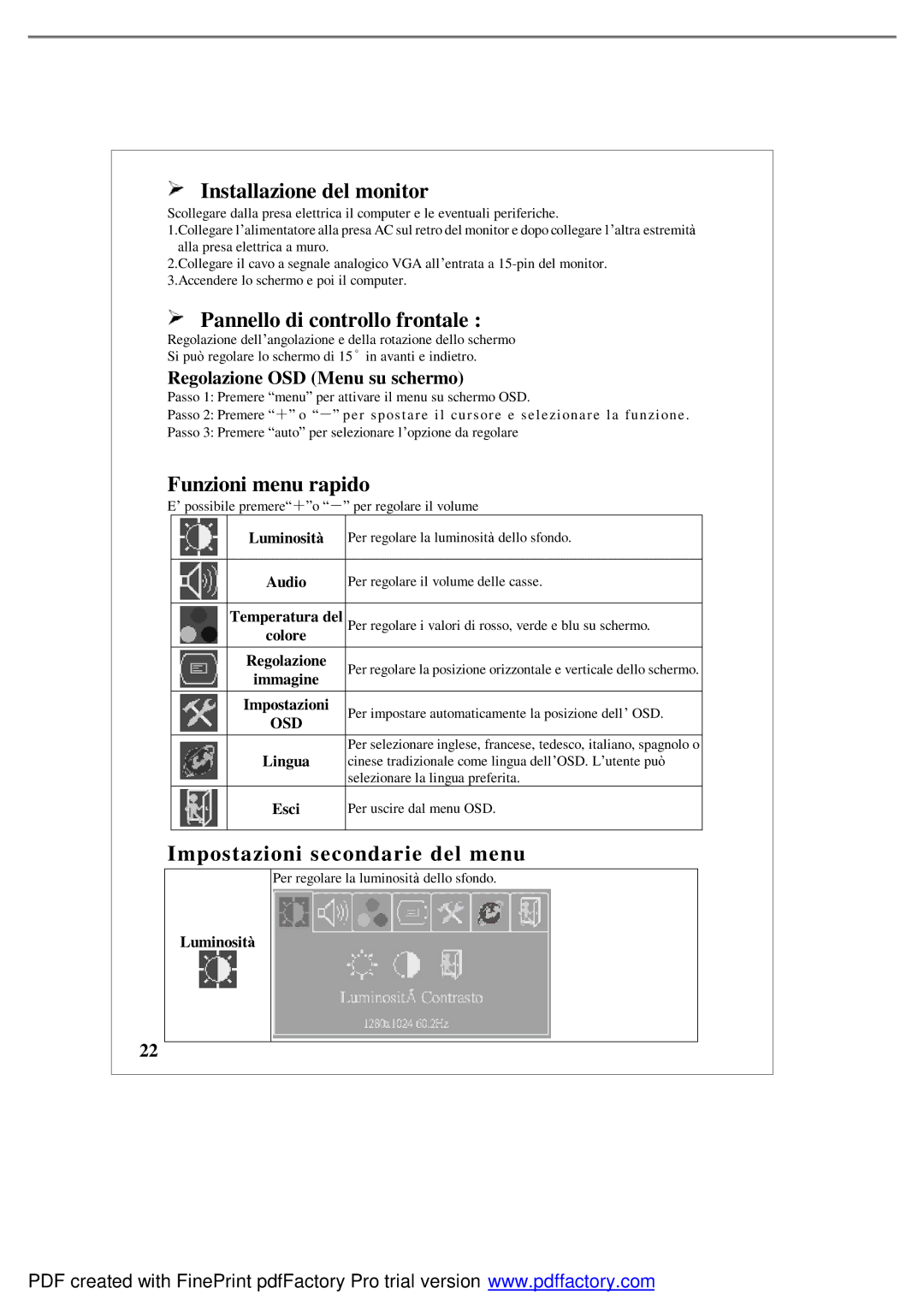 Emprex LM1541 user manual Installazione del monitor, Pannello di controllo frontale, Funzioni menu rapido 