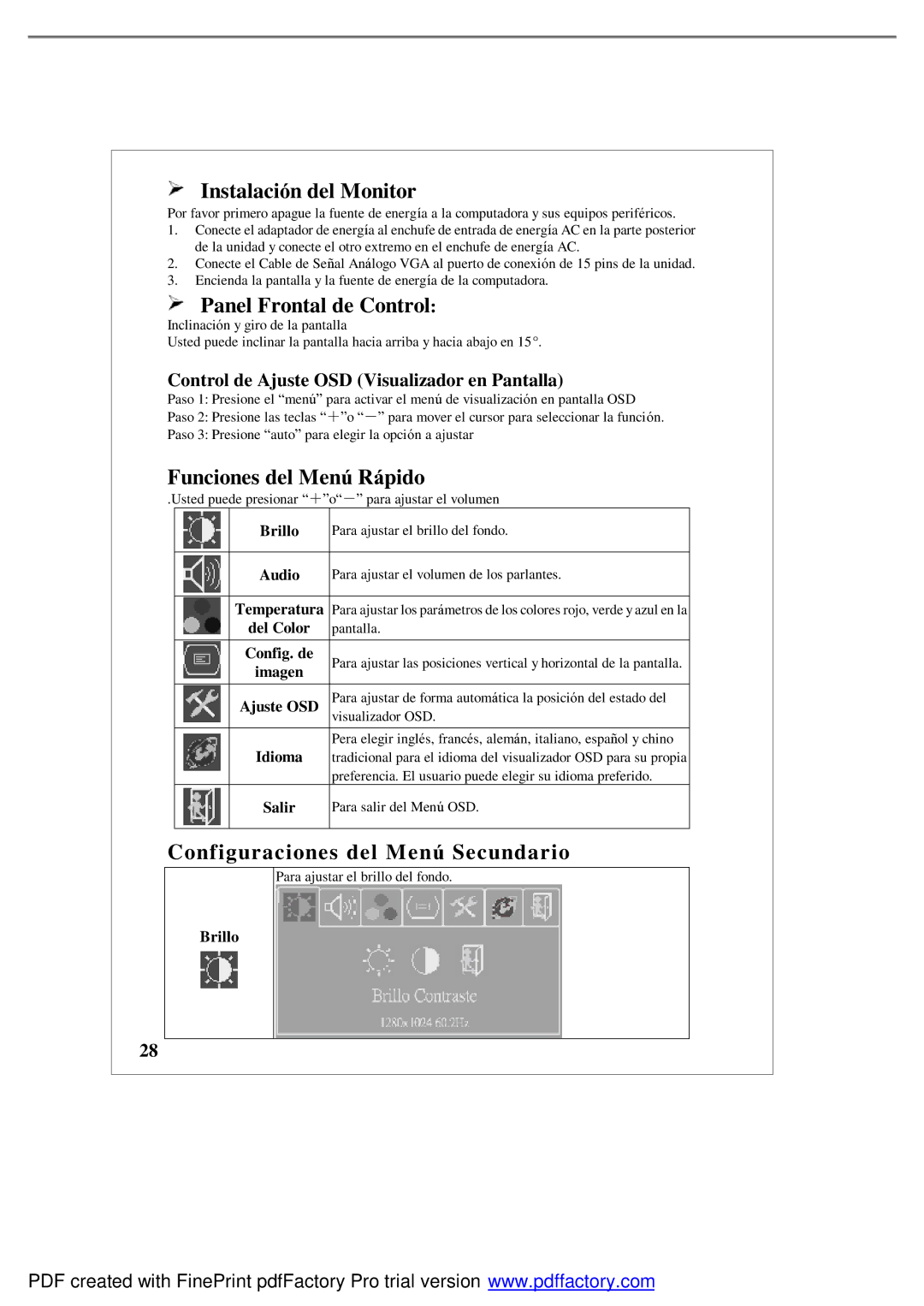 Emprex LM1541 user manual Instalación del Monitor, Panel Frontal de Control, Funciones del Menú Rápido 