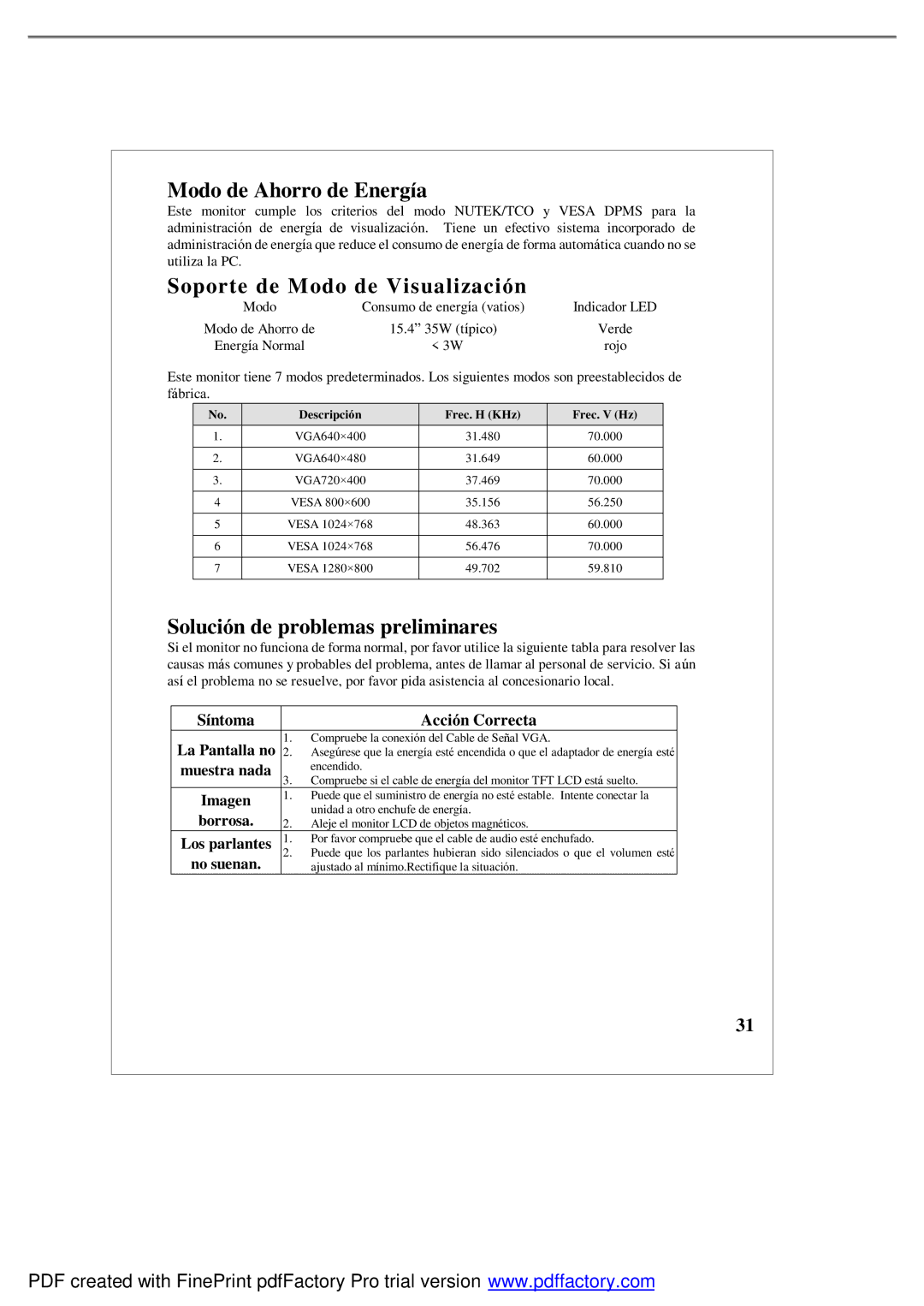 Emprex LM1541 user manual Modo de Ahorro de Energía, Soporte de Modo de Visualización, Solución de problemas preliminares 