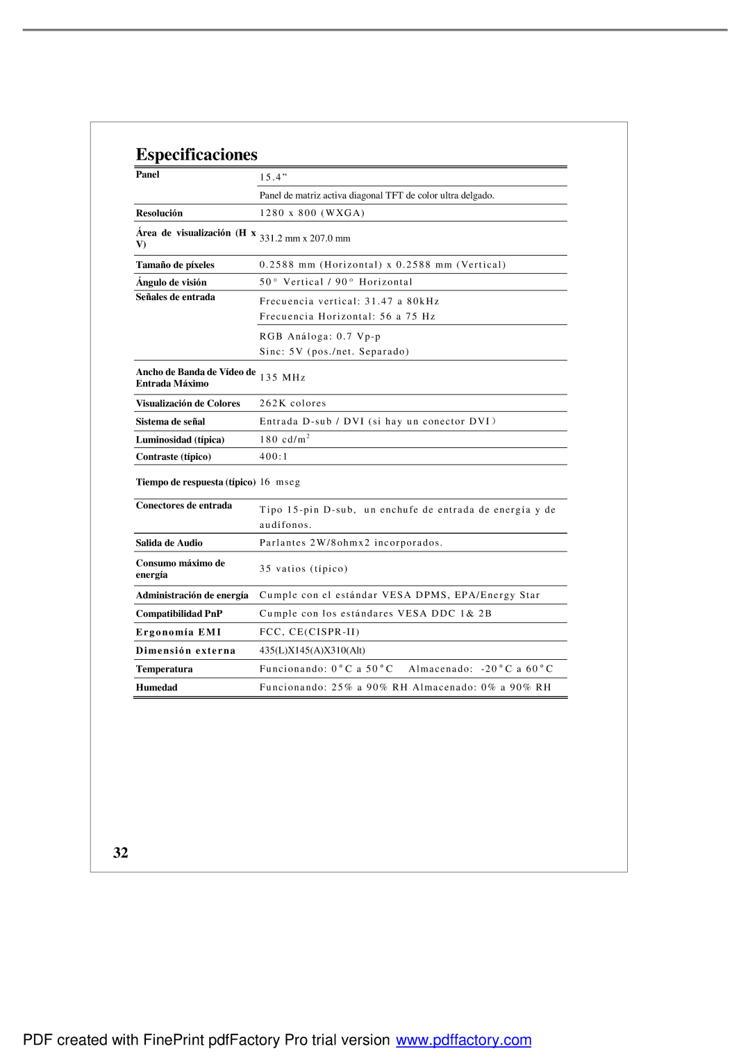 Emprex LM1541 user manual Especificaciones 