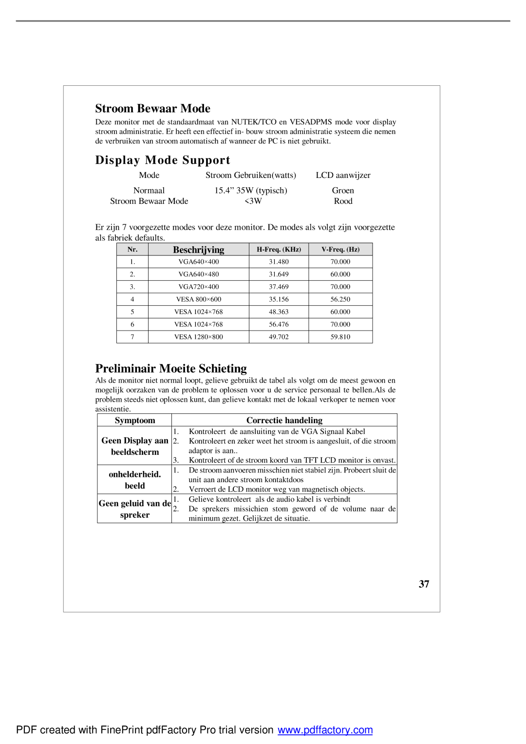 Emprex LM1541 user manual Stroom Bewaar Mode, Preliminair Moeite Schieting 