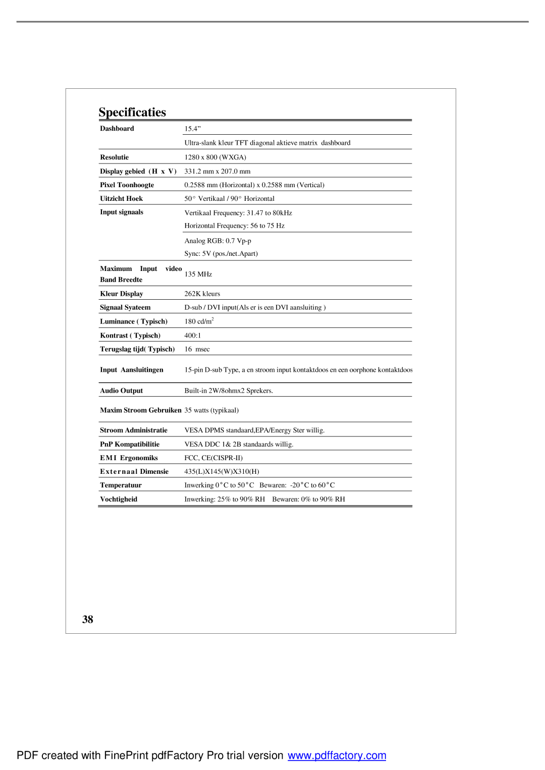 Emprex LM1541 user manual Specificaties 