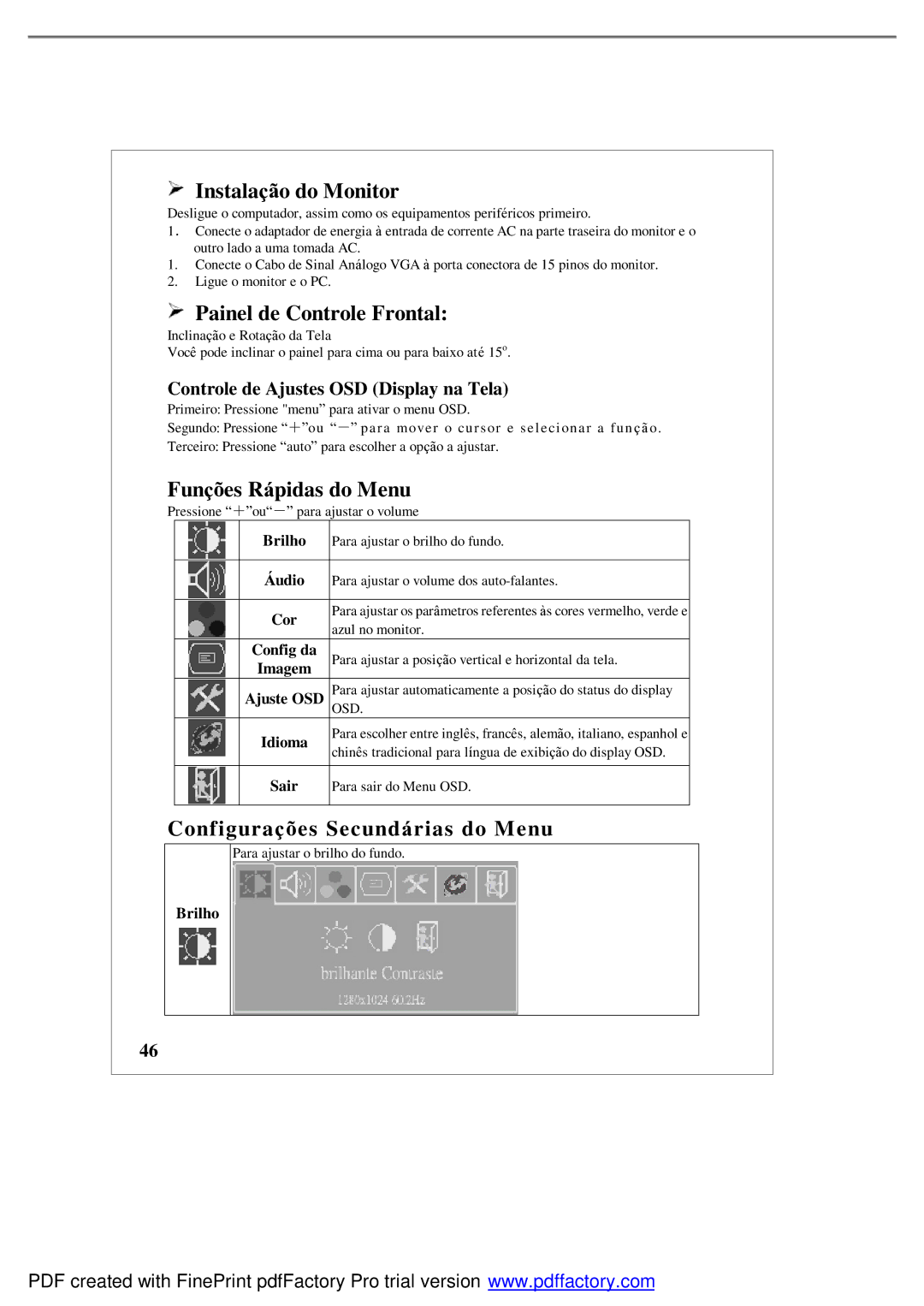 Emprex LM1541 user manual Instalação do Monitor, Painel de Controle Frontal, Funções Rápidas do Menu 