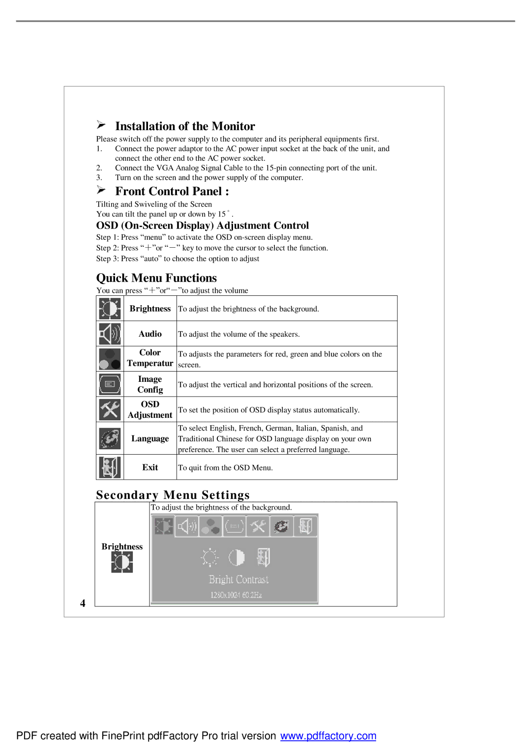 Emprex LM1541 user manual Installation of the Monitor, Front Control Panel, Quick Menu Functions, Secondary Menu Settings 