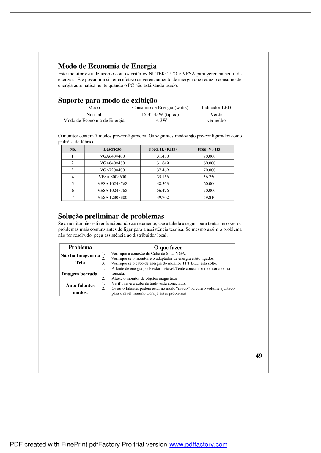 Emprex LM1541 user manual Modo de Economia de Energia, Suporte para modo de exibição, Solução preliminar de problemas 