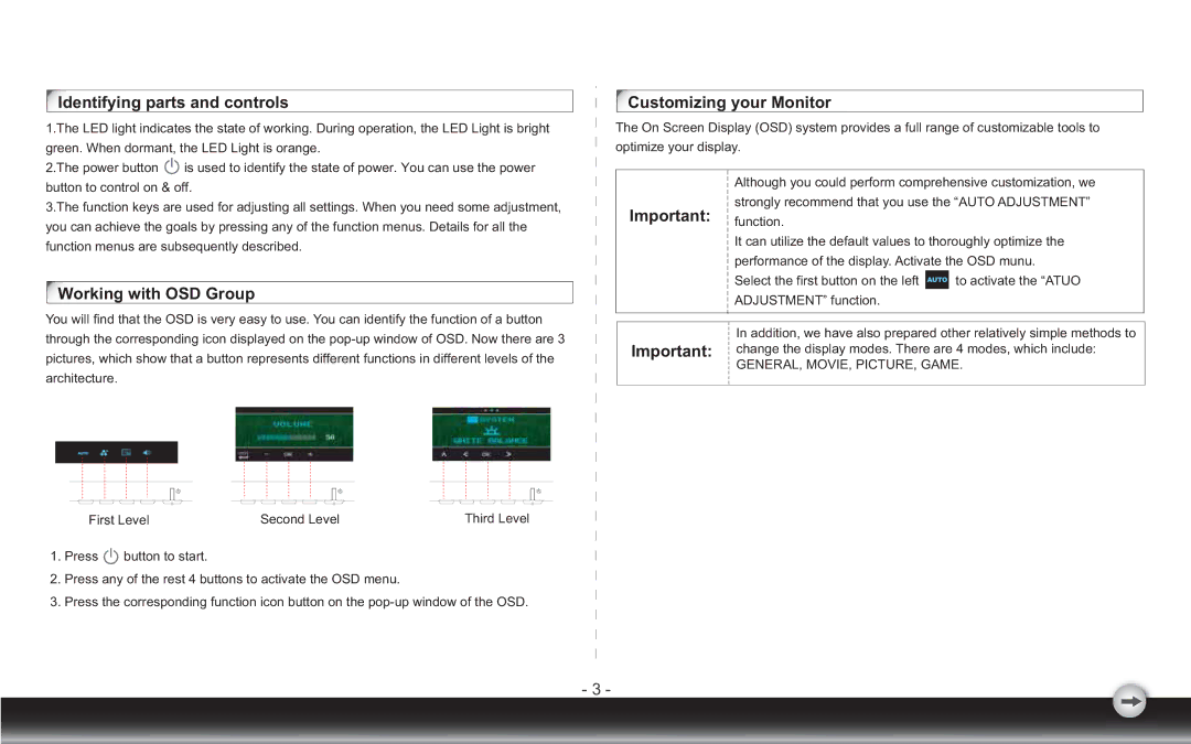 Emprex LM2203 Identifying parts and controls, Working with OSD Group, Customizing your Monitor, Important function 