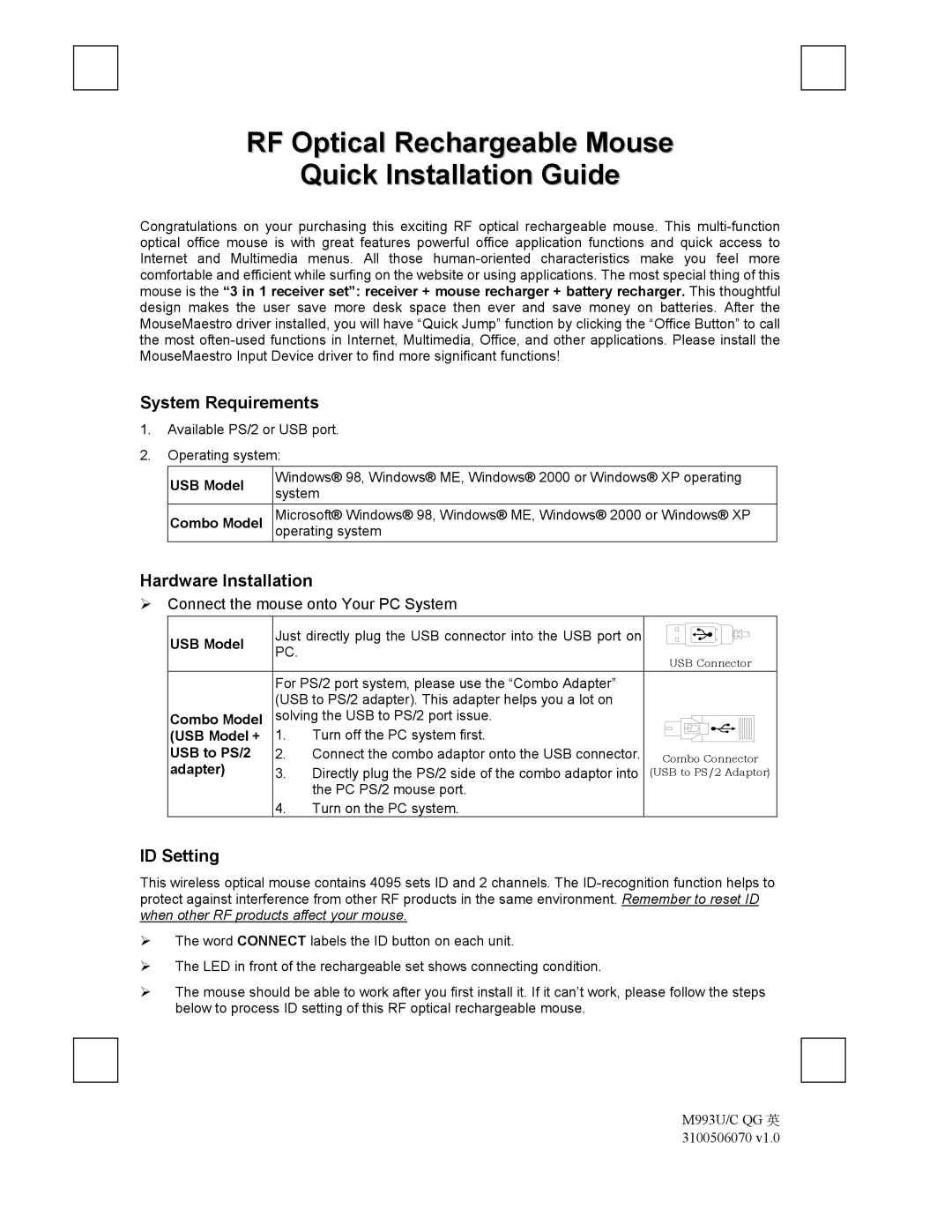 Emprex M993U manual System Requirements, Hardware Installation, ID Setting 