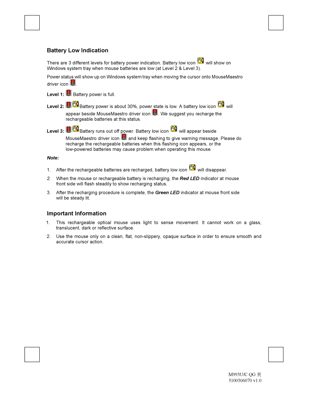 Emprex M993U manual Battery Low Indication, Important Information 