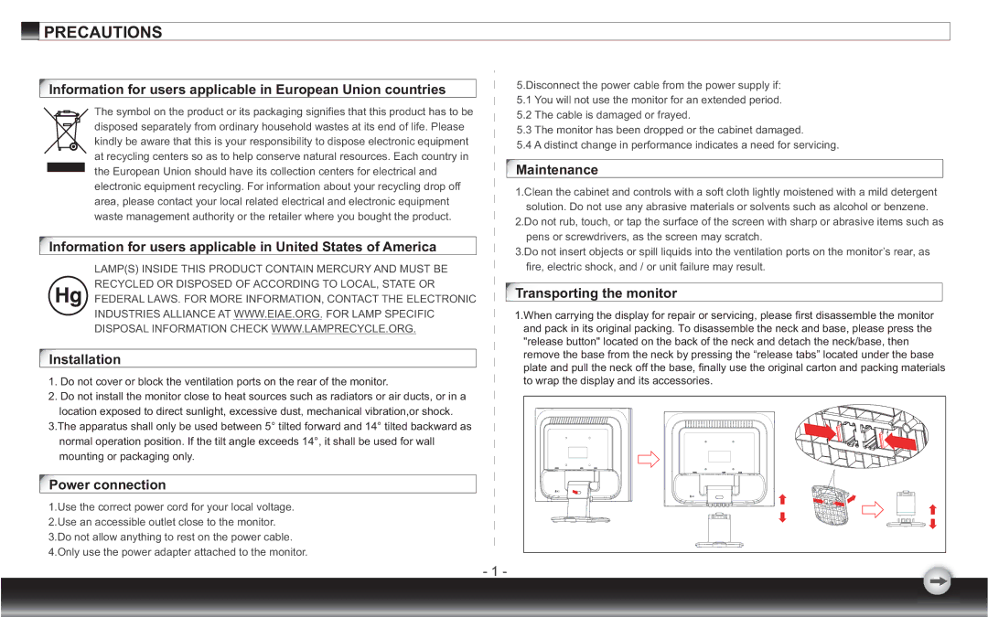 Emprex none user manual Power connection, Maintenance, Transporting the monitor 