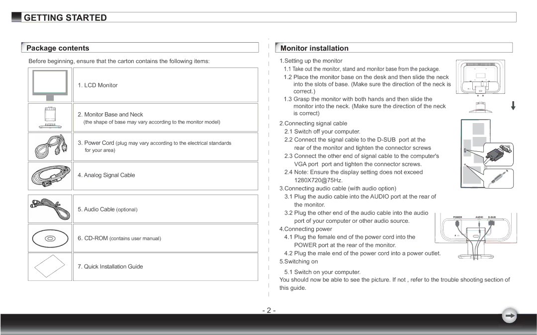 Emprex none user manual Package contents, Monitor installation 