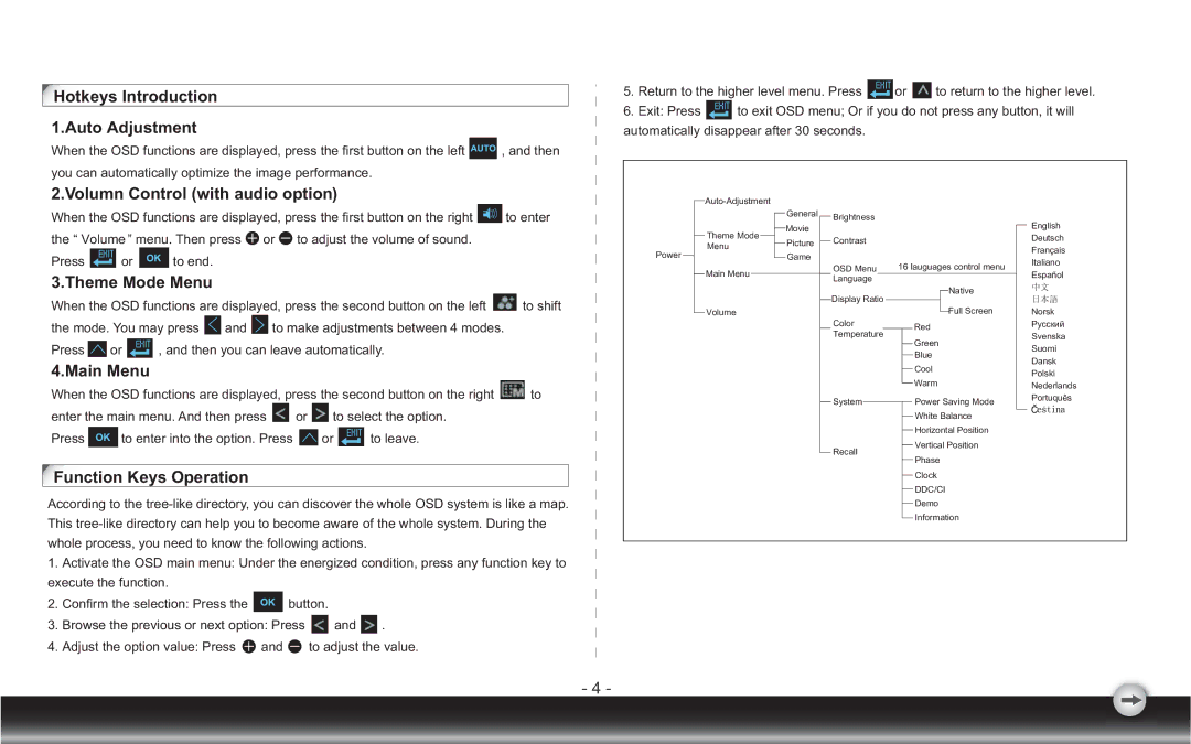 Emprex none user manual Hotkeys Introduction Auto Adjustment, Volumn Control with audio option, Theme Mode Menu, Main Menu 