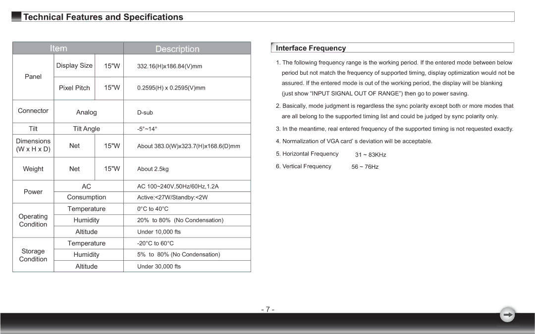 Emprex none user manual Technical Features and Specifications, Interface Frequency 