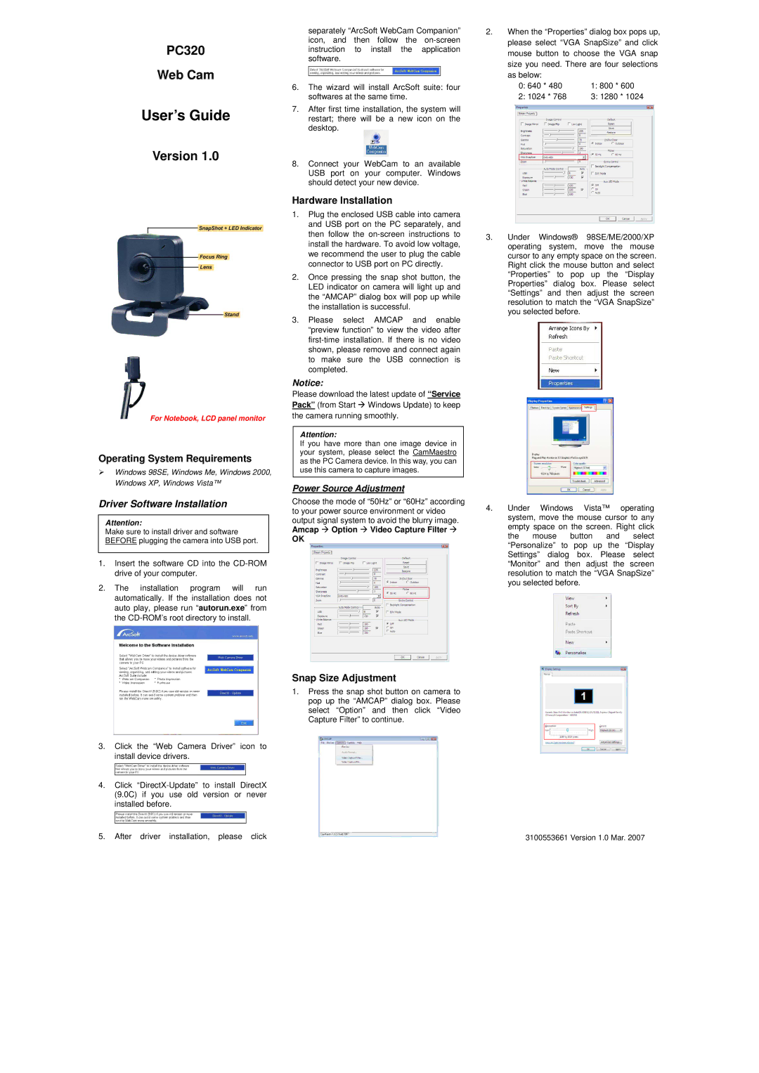 Emprex PC320 manual Operating System Requirements, Hardware Installation, Snap Size Adjustment 