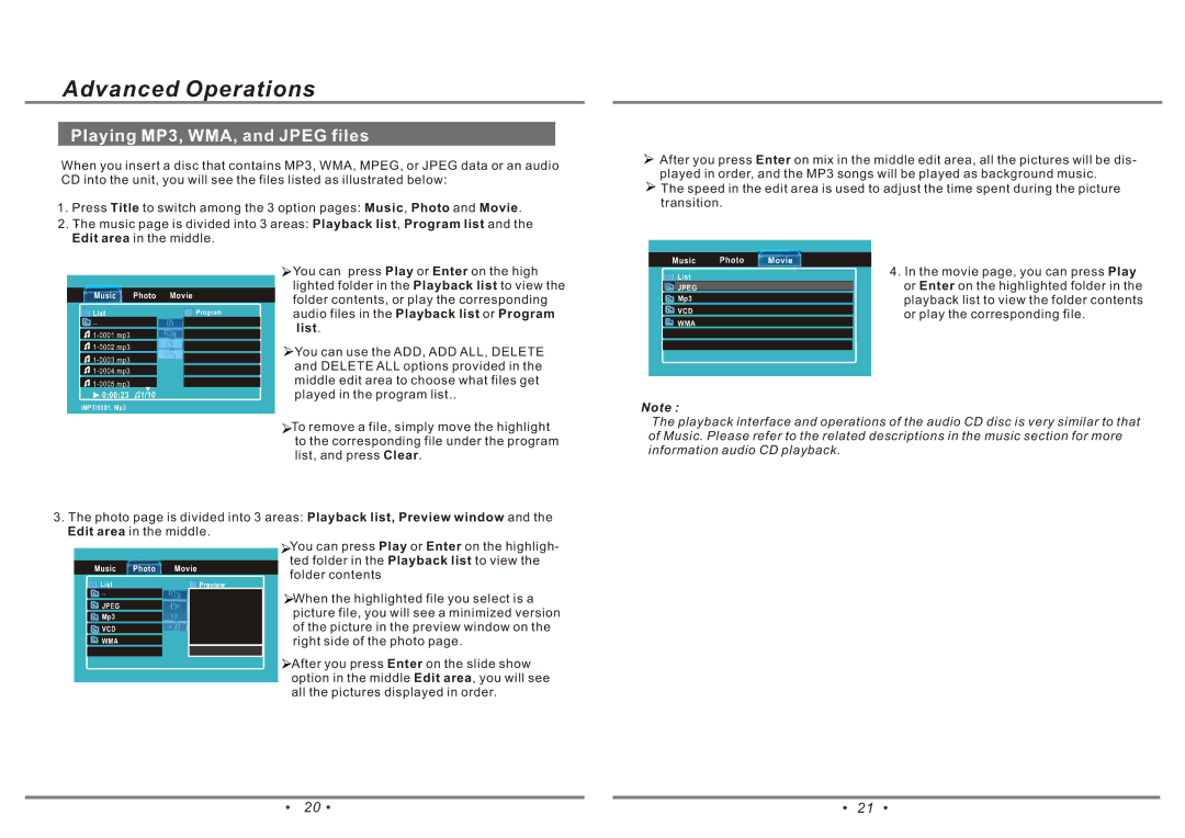 Emprex PD-7001 manual PlayingMP3, WMA, and Jpeg files, List 