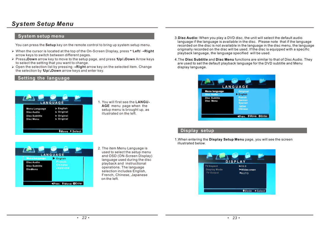 Emprex PD-7001 manual System Setup Menu, System setup menu, Setting the language, Display setup 