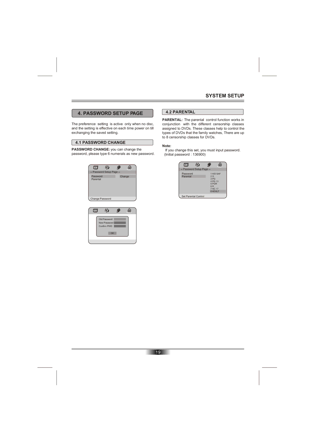 Emprex PD-7201 manual Password Setup, Parental 