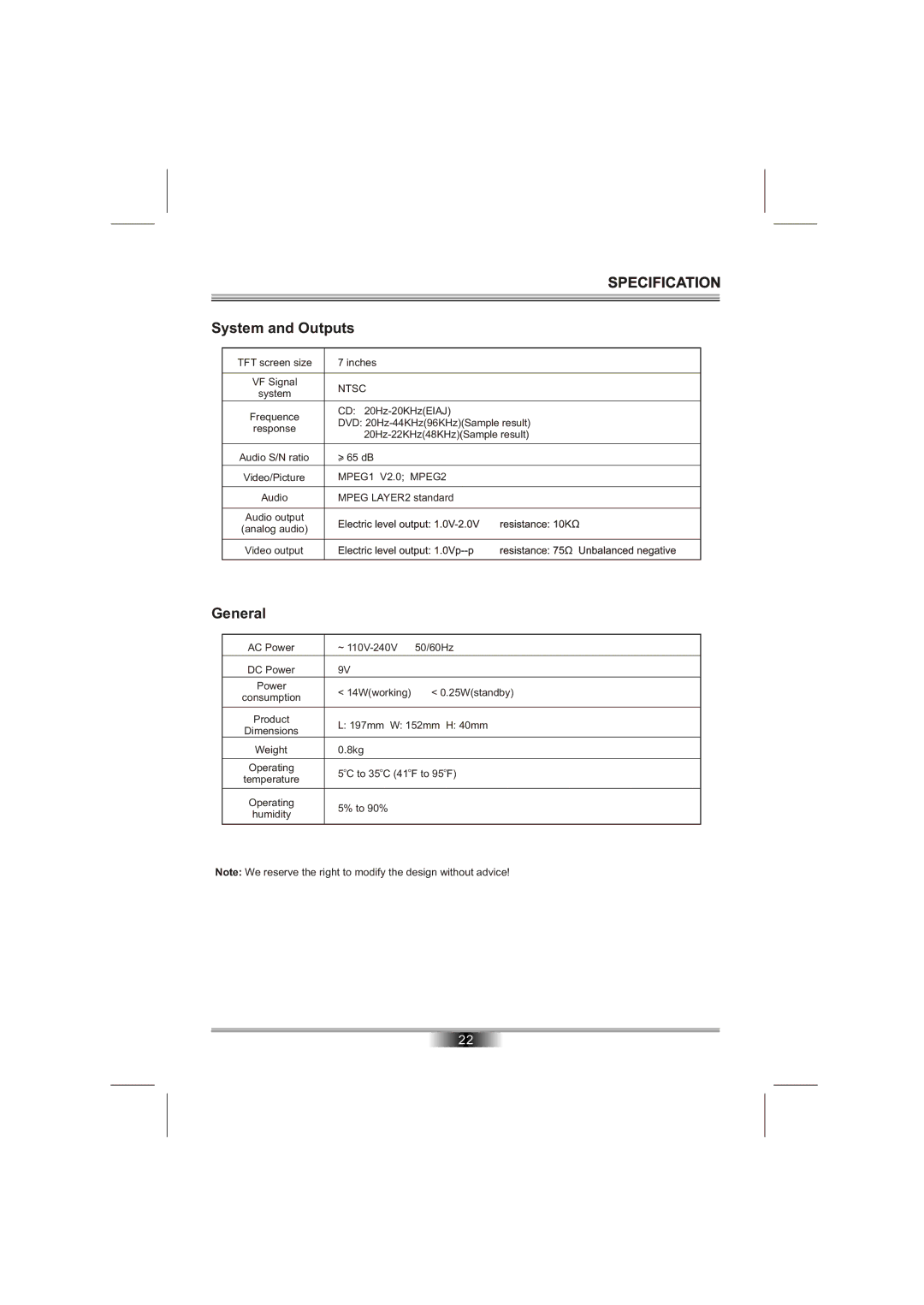 Emprex PD-7201 manual Specification, System and Outputs 