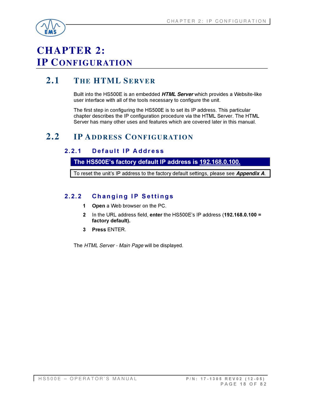 Emsa HS500E manual IP Configuration, Html Server, IP Address Configuration, E Fault I P a d d r e s s 