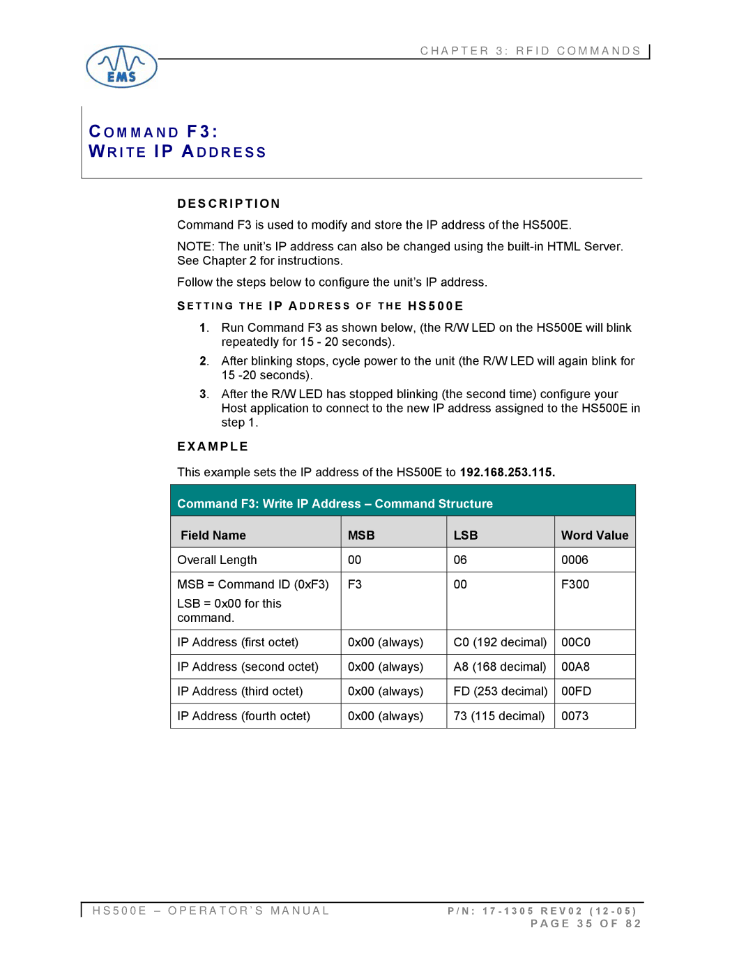 Emsa manual I T E I P a D D R E S S, This example sets the IP address of the HS500E to 