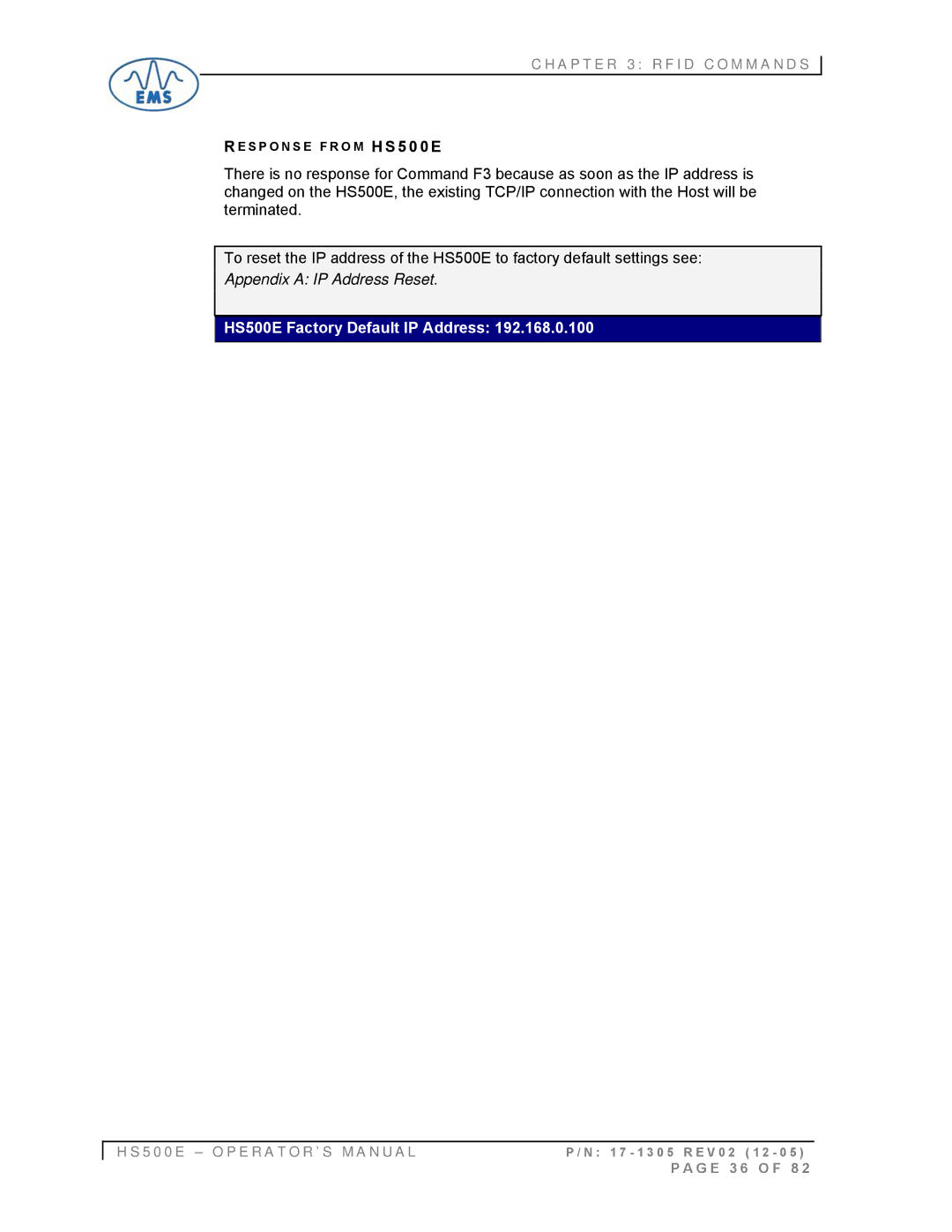 Emsa manual Appendix a IP Address Reset, HS500E Factory Default IP Address 