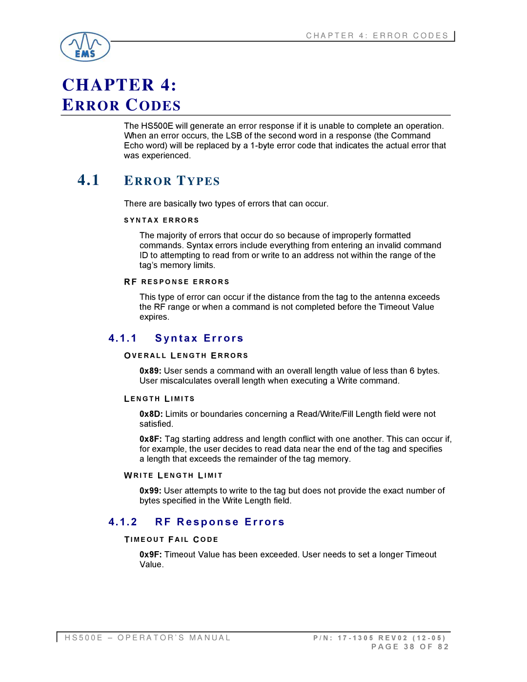 Emsa HS500E manual Error Codes, Error Types, Y n t a x Error s, F R e s p o n s e Error s 