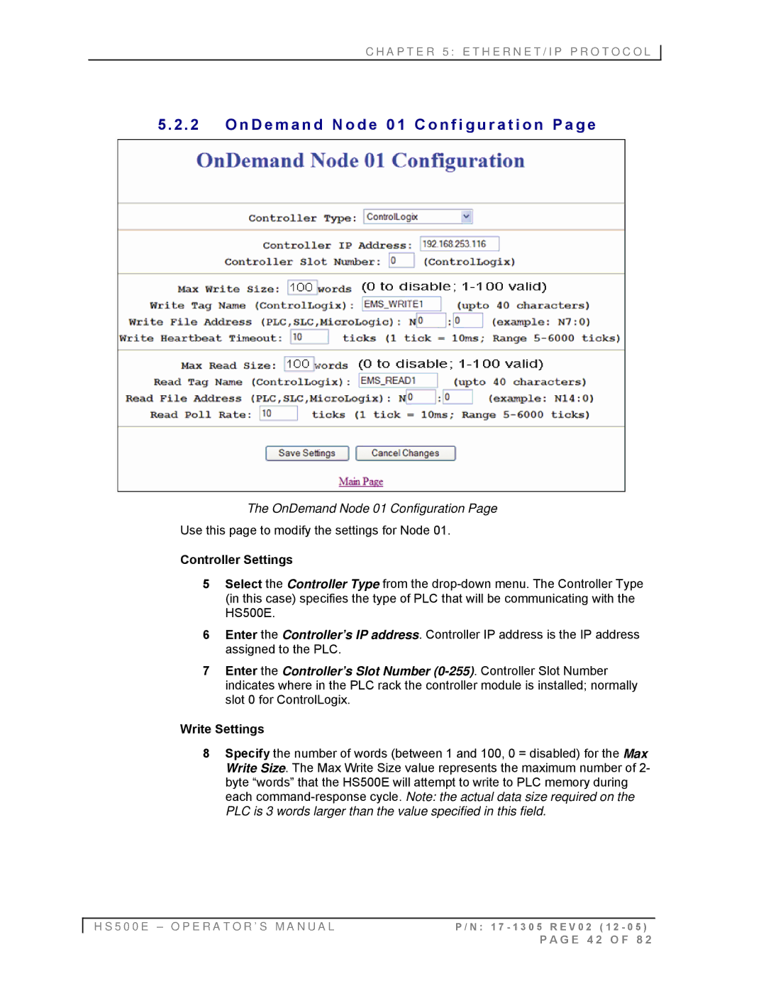 Emsa HS500E N D e m a n d N o d e 0 1 C o n f i g u r a t i o n P a g e, OnDemand Node 01 Configuration, Write Settings 