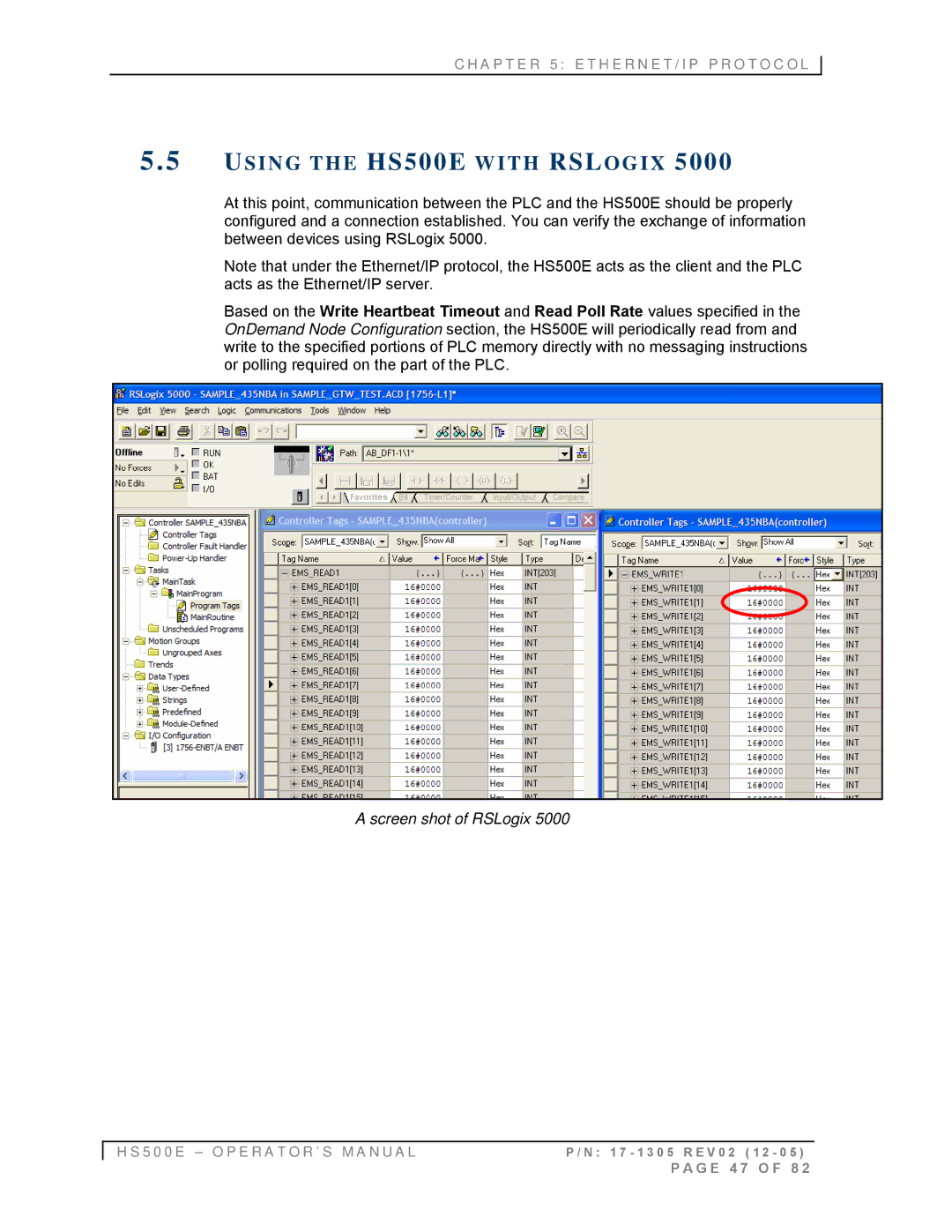 Emsa manual Using the HS500E with Rslogix, Screen shot of RSLogix 