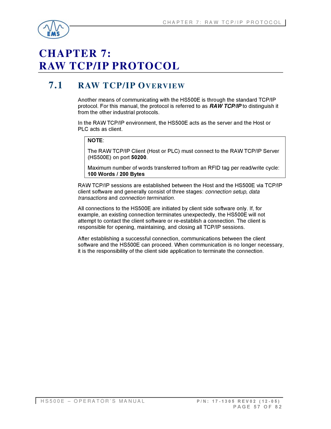 Emsa HS500E manual Chapter RAW TCP/IP Protocol 