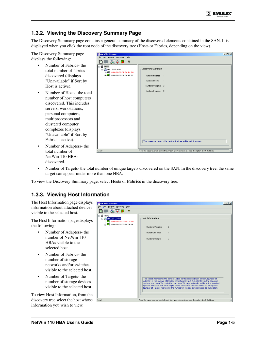 Emulex manual Viewing the Discovery Summary Page, Viewing Host Information, NetWin 110 HBA User’s Guide 