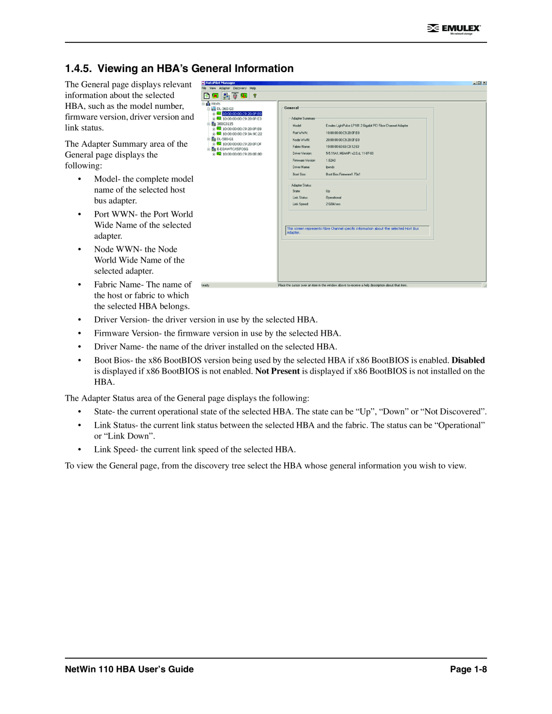 Emulex manual Viewing an HBA’s General Information, NetWin 110 HBA User’s Guide, Page 