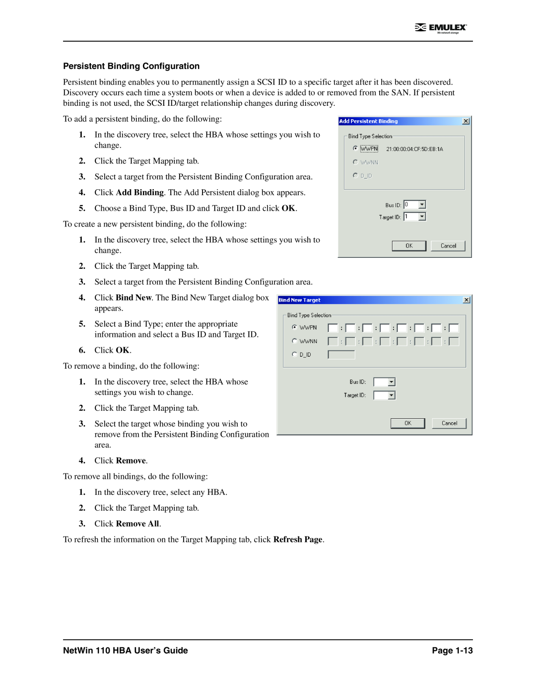 Emulex manual Persistent Binding Configuration, Click Remove All, NetWin 110 HBA User’s Guide, Page 