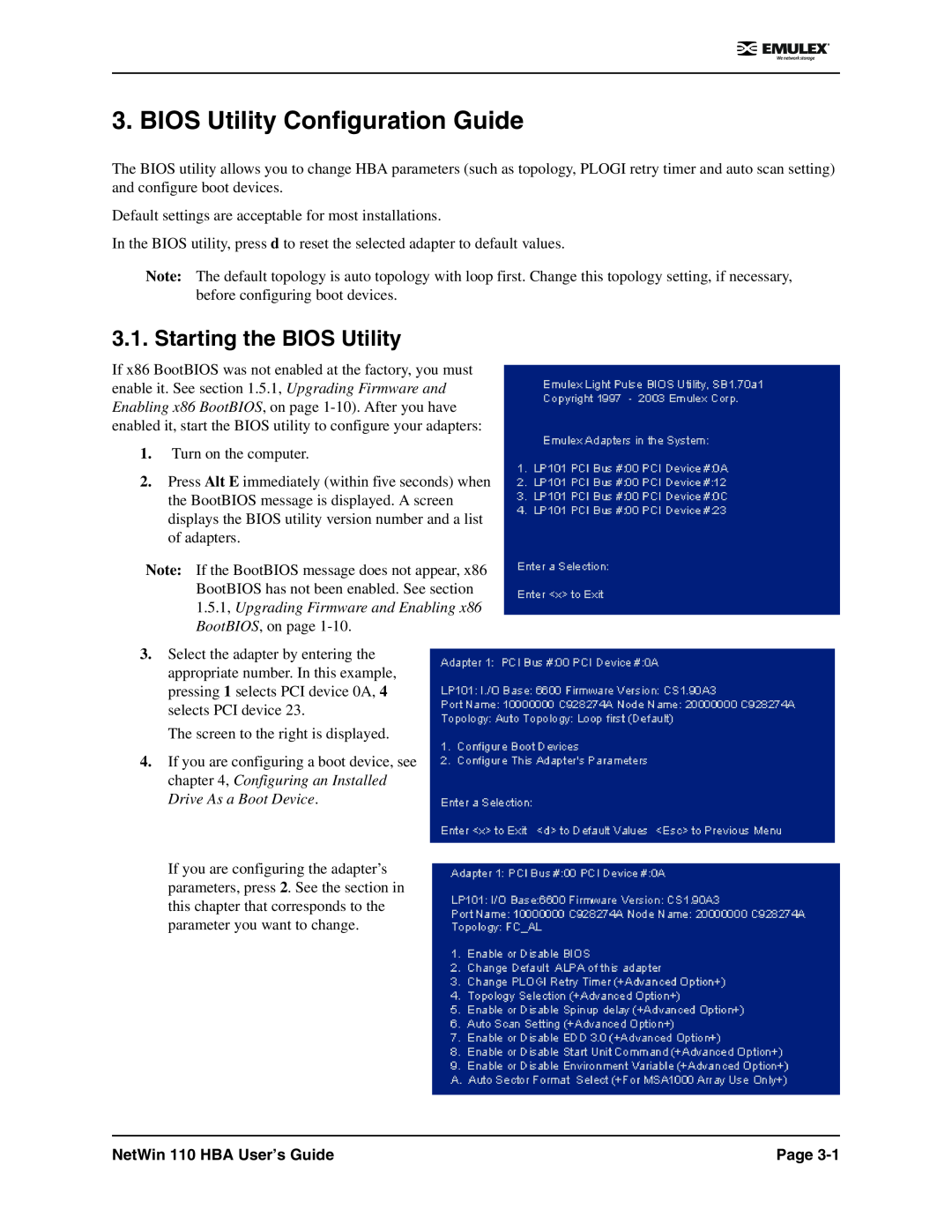 Emulex manual BIOS Utility Configuration Guide, Starting the BIOS Utility, NetWin 110 HBA User’s Guide, Page 