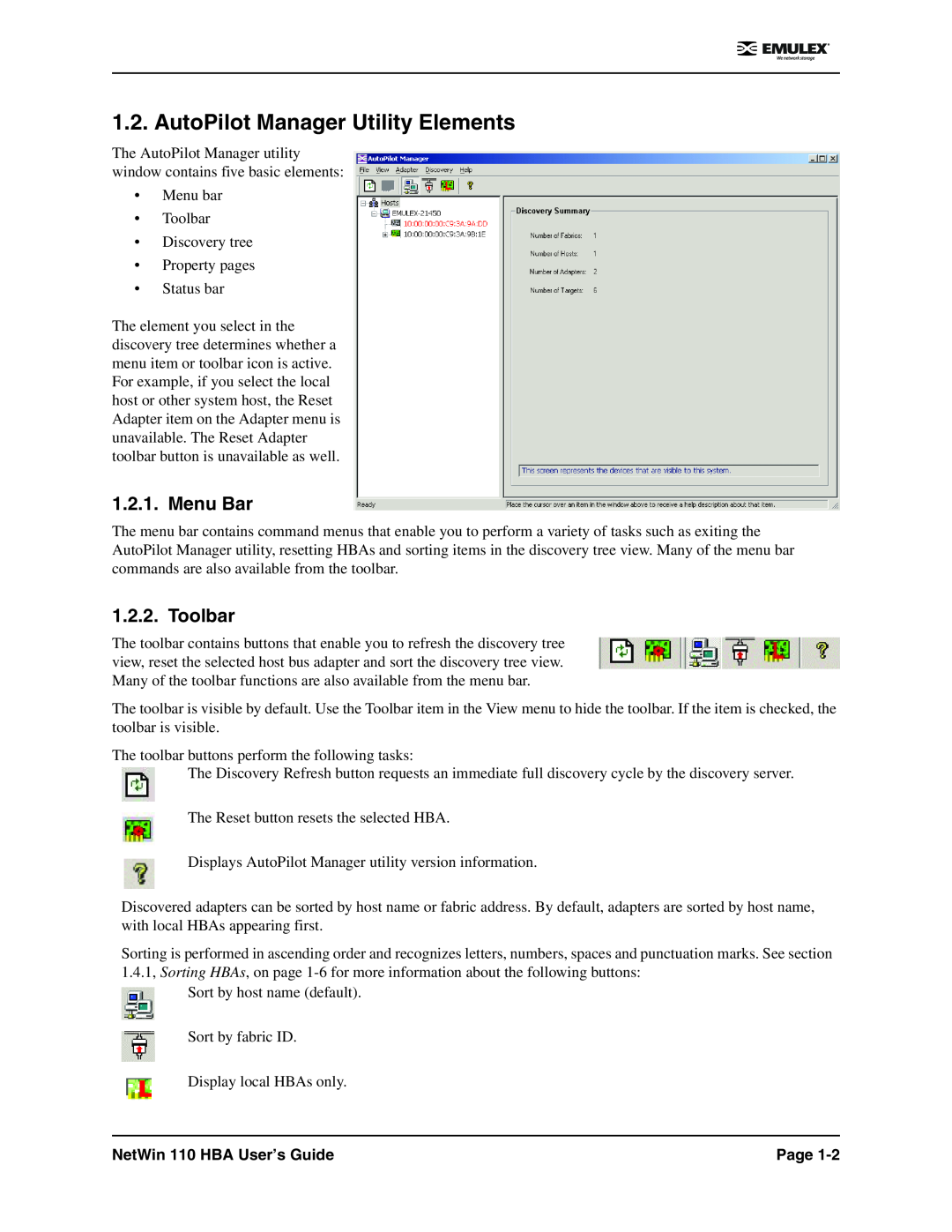 Emulex manual AutoPilot Manager Utility Elements, Menu Bar, Toolbar, NetWin 110 HBA User’s Guide, Page 